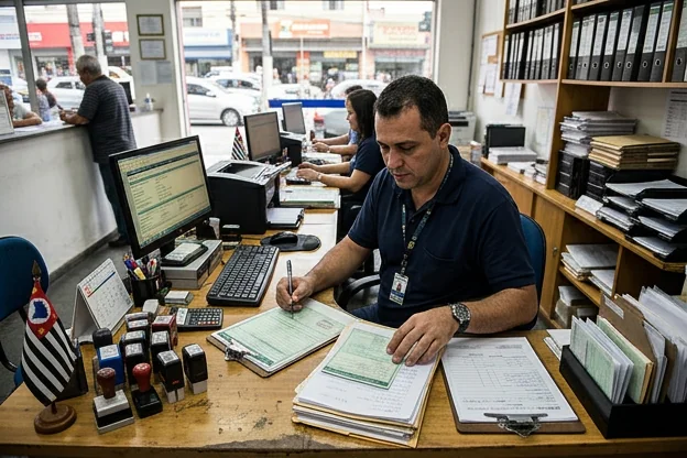 Despachante organizado, com documentos e equipamentos específicos em Osasco.