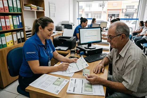 Profissional auxiliando na renovação de CNH em um ambiente de trabalho.